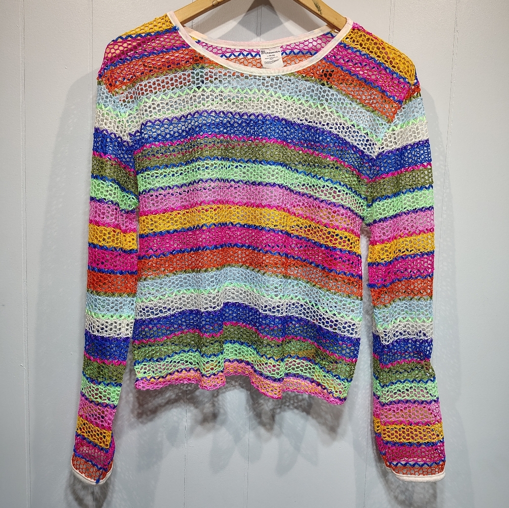 Rainbow Crochet Mesh Top Fishnet Sheer Festival‎ Y2K Long Sleeve